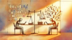 Claude vs ChatGPT ライティング どっちを象徴する対照的なAIキャラクターと机上の比較シーン