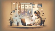 デスクで分類を見直す人物と画面のカテゴリ並びを対比し、WordPress カテゴリー 順番 入れ替えの整理を表現