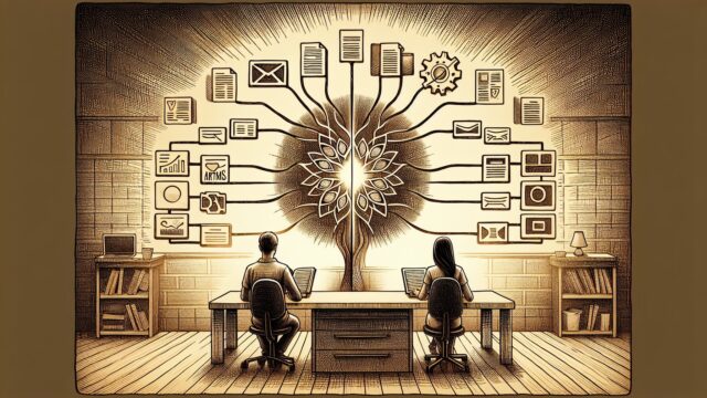 汎用型と特化型のAI ライター 比較を示すワークスペースの手描きイラスト