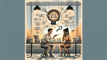 落ち着いたオフィスで資料とノートPCを確認する2人の大人, AI ファクトチェック やり方とビジネスリスク整理