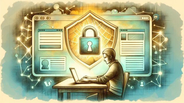 WP 常時SSL化 やり方でHTTPS化されたWordPressサイトの安全性と信頼性を象徴するイラスト