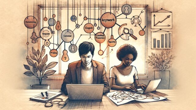 ラッコキーワード 使い方を象徴的に描いたイラスト、簡単操作と戦略的思考を対比した構図