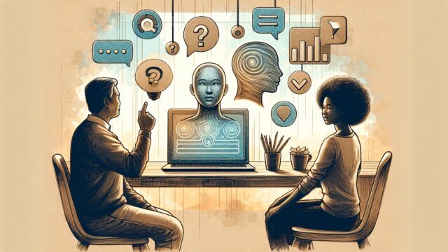 Claude 3 評判 特徴を整理するデスクワークシーン、AI画面を前に議論するビジネスパーソン