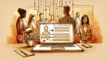 デスク上のノートPCに表示されたWP リード獲得 フォームと複数の来訪者の距離感を対比し役割を整理する構図