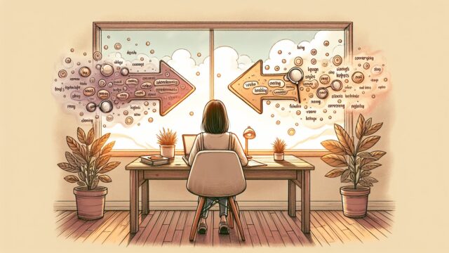 ズラしキーワード 見つけ方を象徴し、曖昧な検索語と成果につながる明確な道を対比した机上シーン