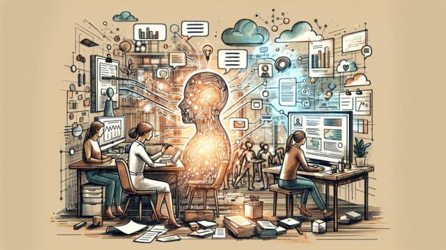 Microsoft Copilot 使い方で自動化できる業務領域を整理するビジネスワークスペースイラスト