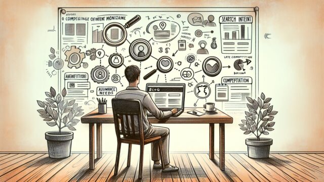 WordPress 収益化 記事構成を練るデスク周り、ブログ画面と収益アイコンが浮かぶイラスト