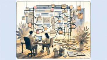 WordPress 物販 記事 書き方を検討する大人二人が読者の検索意図を整理し構成を練る様子