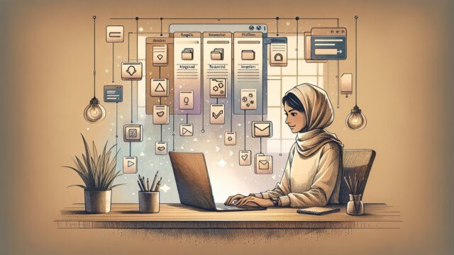 デスクで分類を見直す人物と画面のカテゴリ並びを対比し、WordPress カテゴリー 順番 入れ替えの整理を表現