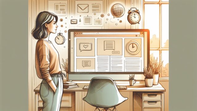 WP 投稿日 表示 しない設定で日付非表示にしたブログ画面を眺めるデスクワークシーン