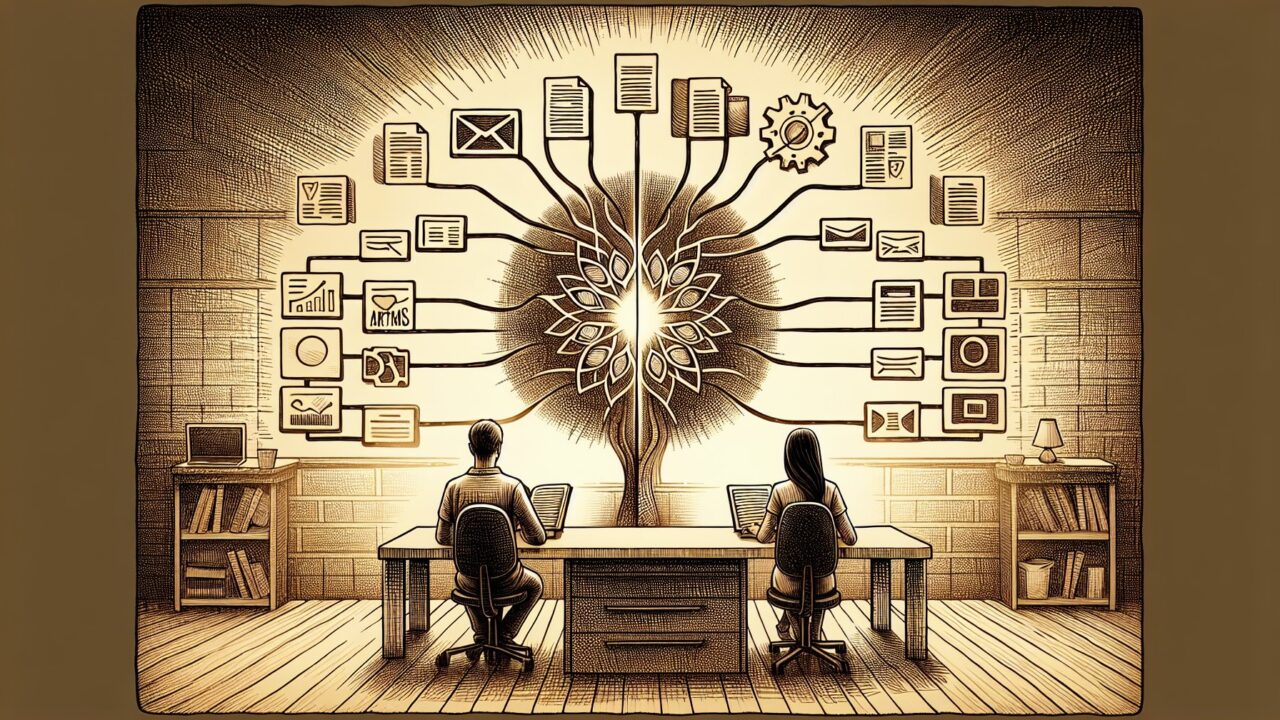 汎用型と特化型のAI ライター 比較を示すワークスペースの手描きイラスト