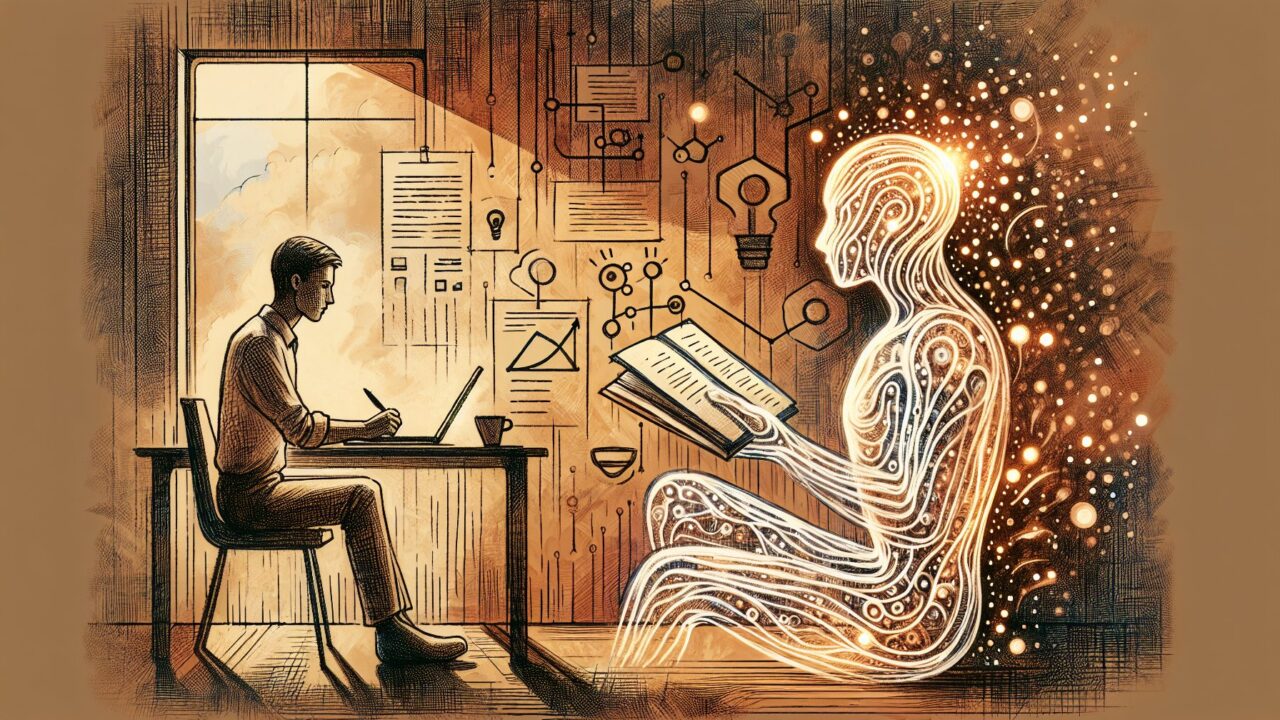 人間とAIがノートを共有し協働する様子でAI 記事 E-E-A-T 高める方法を象徴的に表現