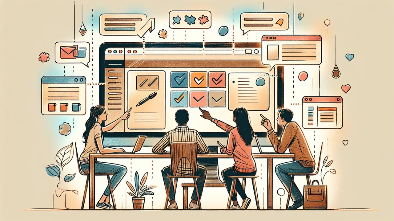 WordPress複数人編集注意点を象徴する、重複に気づきルールを話し合う大人たち