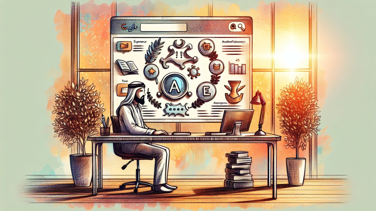 AI コンテンツ 質の定義をE-E-A-Tの観点で評価する検索エンジンのイメージ