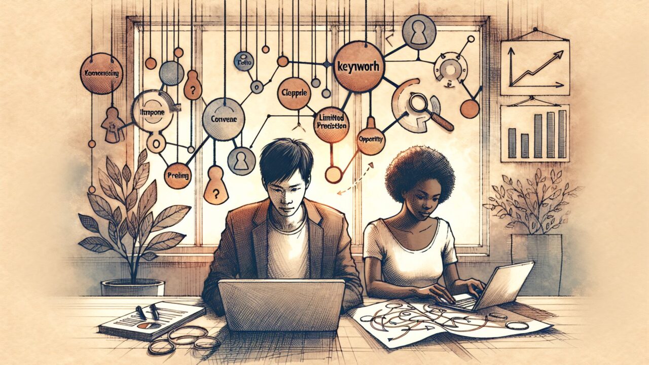 ラッコキーワード 使い方を象徴的に描いたイラスト、簡単操作と戦略的思考を対比した構図