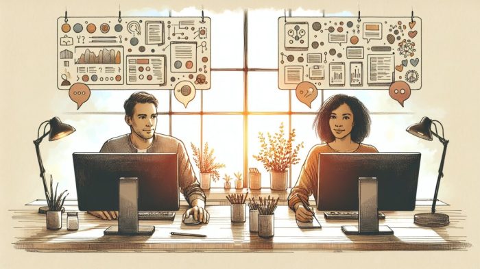 落ち着いたデスクで2人がGoogle Gemini (Bard) 使い方の返信スタイルを比較して整理する様子