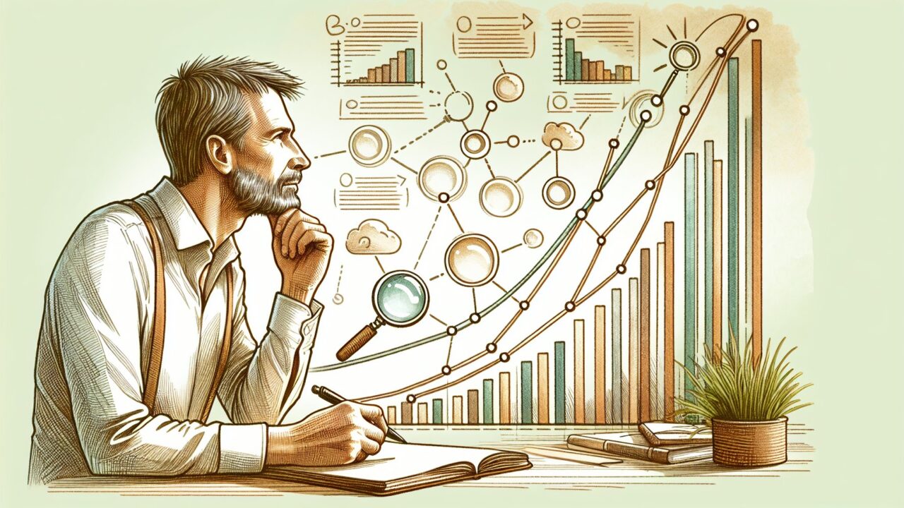 ロングテールキーワード SEOの前提を示す曲線グラフと意図分析する静かなデスクワーク風景