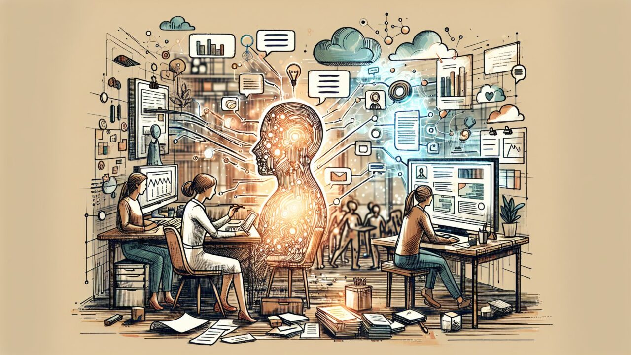 Microsoft Copilot 使い方で自動化できる業務領域を整理するビジネスワークスペースイラスト