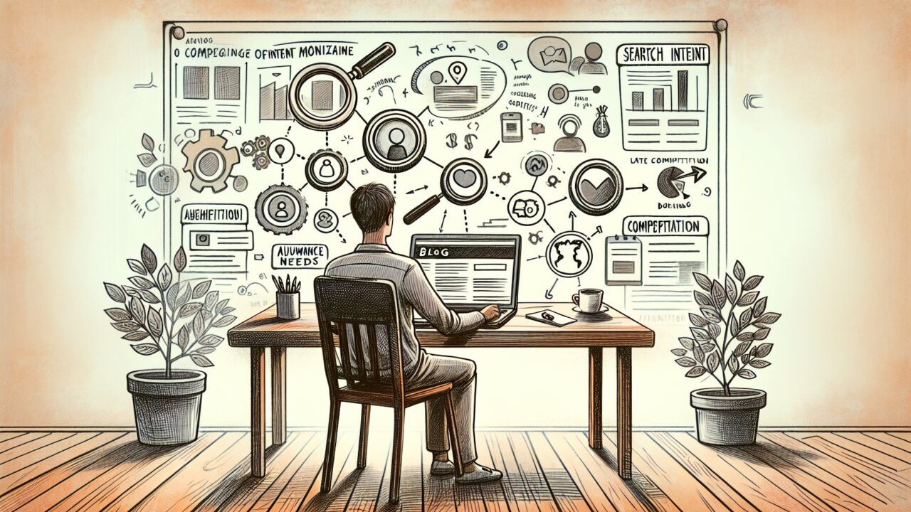 WordPress 収益化 記事構成を練るデスク周り、ブログ画面と収益アイコンが浮かぶイラスト