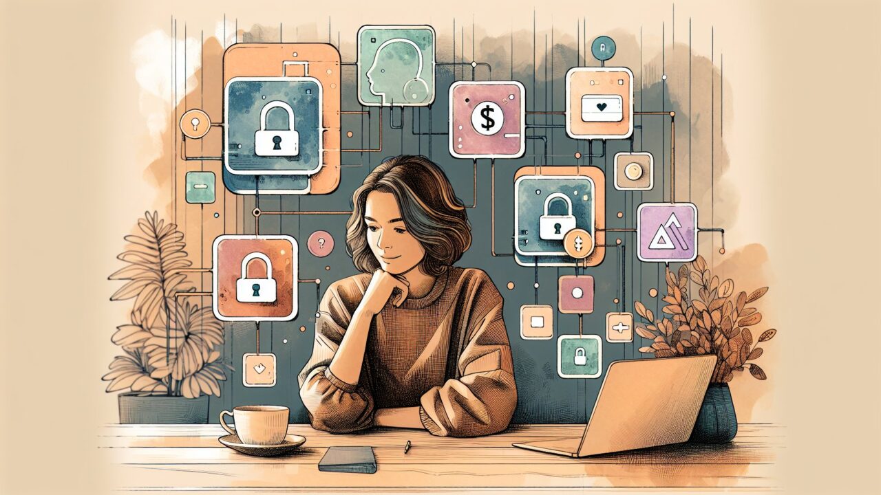 AI ツール 料金プラン 比較を検討する大人が机で無料と有料プランを見比べるイラスト