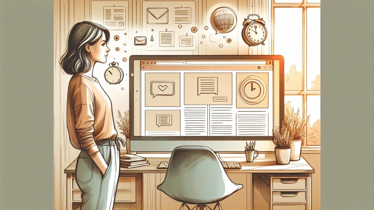 WP 投稿日 表示 しない設定で日付非表示にしたブログ画面を眺めるデスクワークシーン