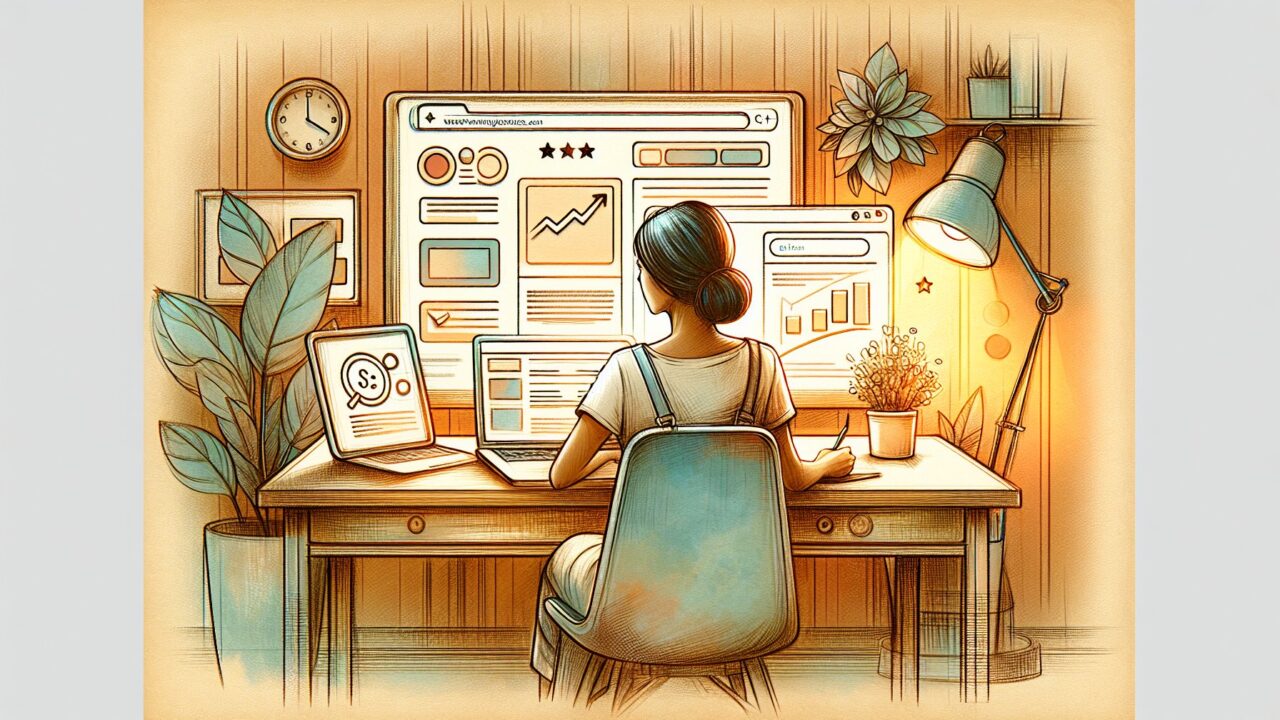 WordPress 検索結果 違うタイトルの仕組みを考えるデスクワーク風イラスト