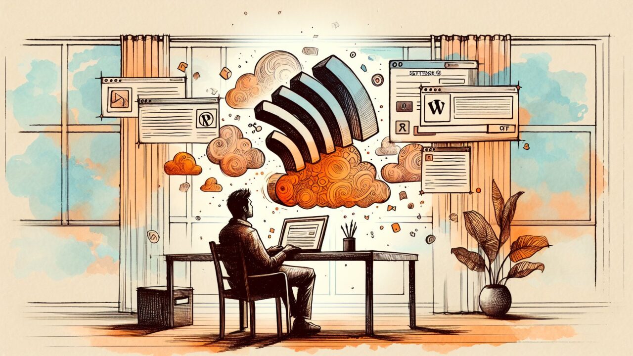 穏やかなデスクでWP RSS フィード 停止を検討する様子、RSS役割の変化を象徴的に表現