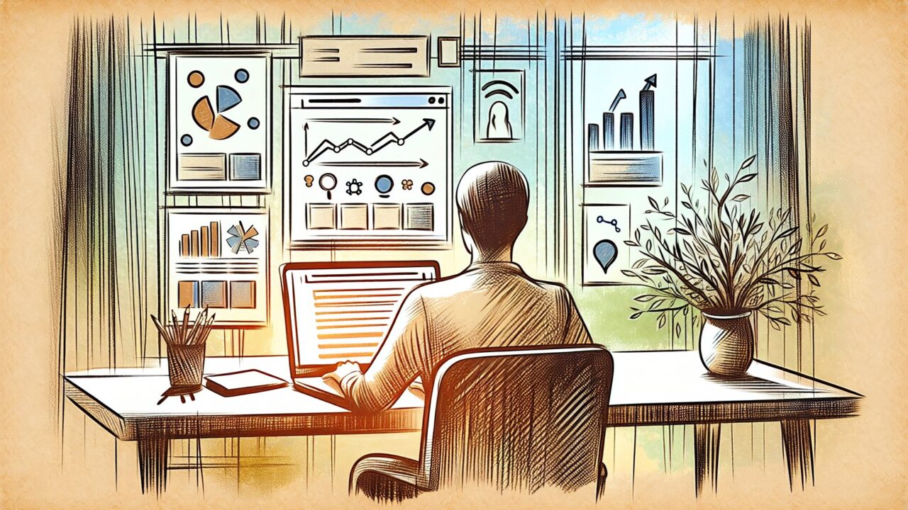 検索順位 チェック ツールを数字より洞察に活かす、落ち着いたワークスペースと協働シーン