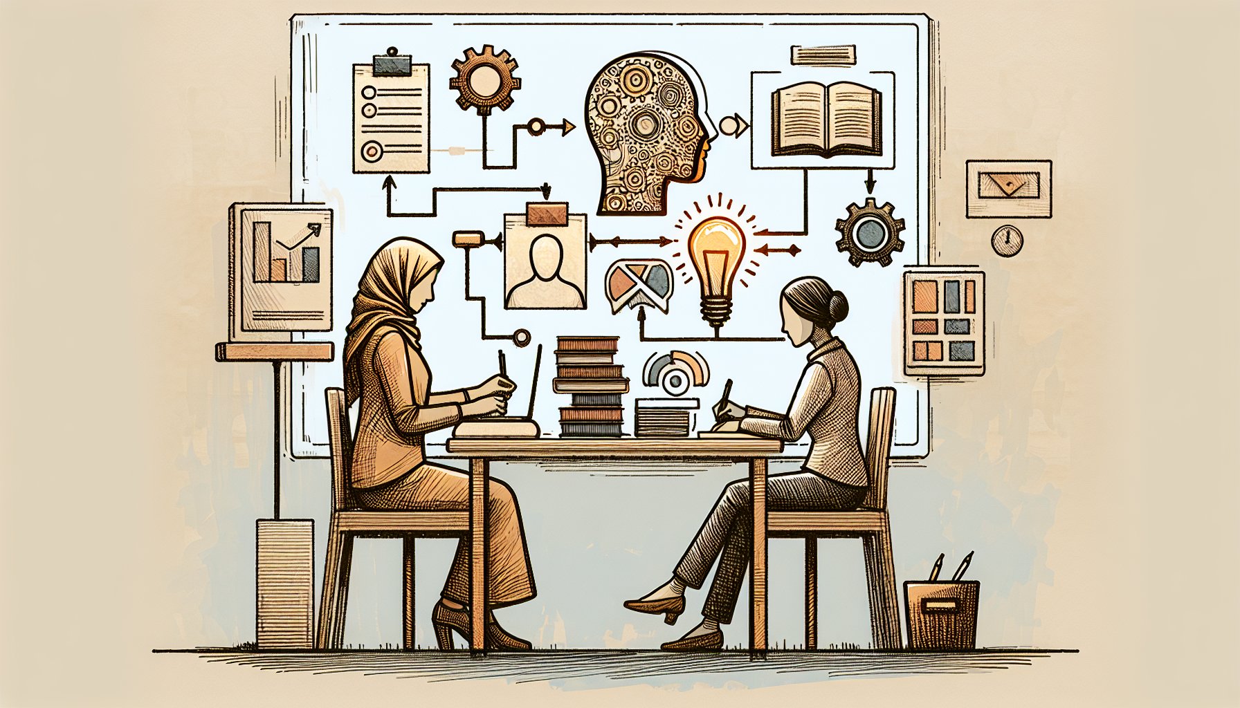 人とAIが机で協働し記事構成を練る様子とAI コンテンツ 検出器 対策のワークフロー