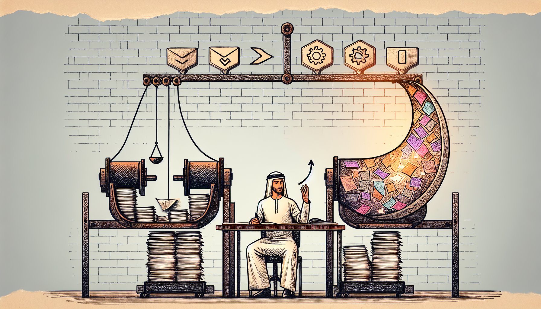 記事作成 自動化のレベルを、人が量・質・コストのバランスで判断するワークスペースイラスト