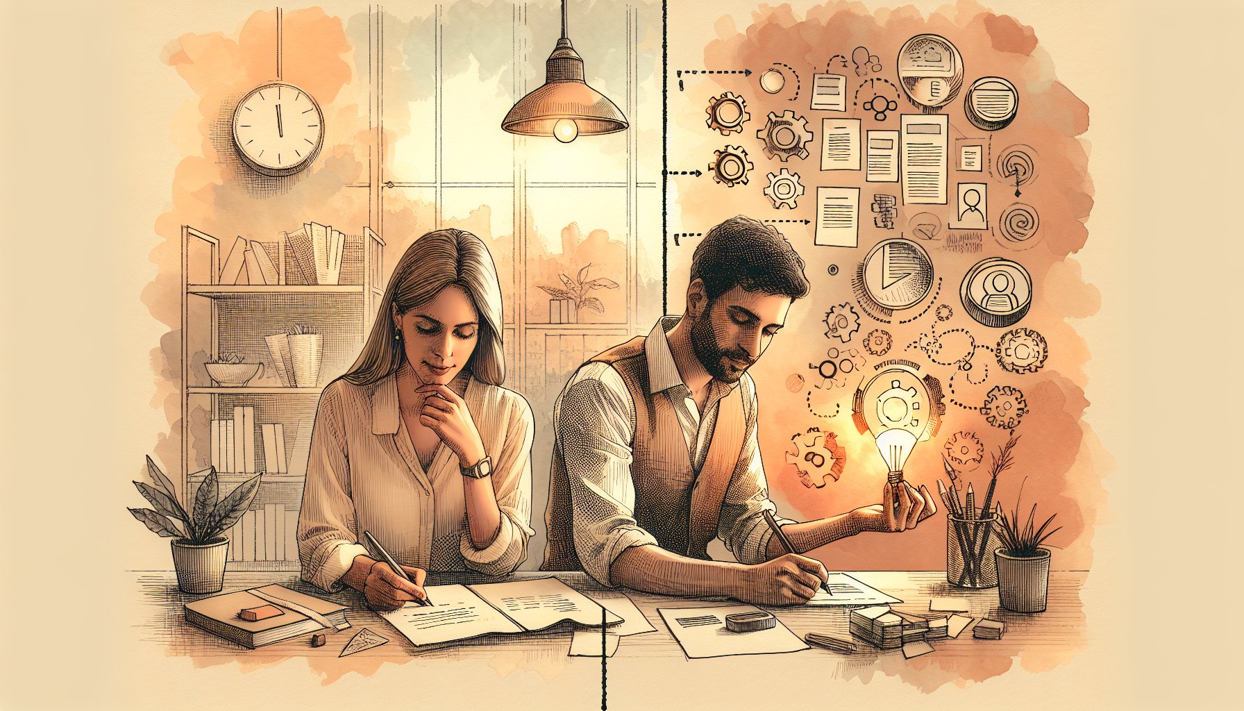 記事作成 自動化の現実的な線引きを示す執筆者とPC作業者の対比イラスト