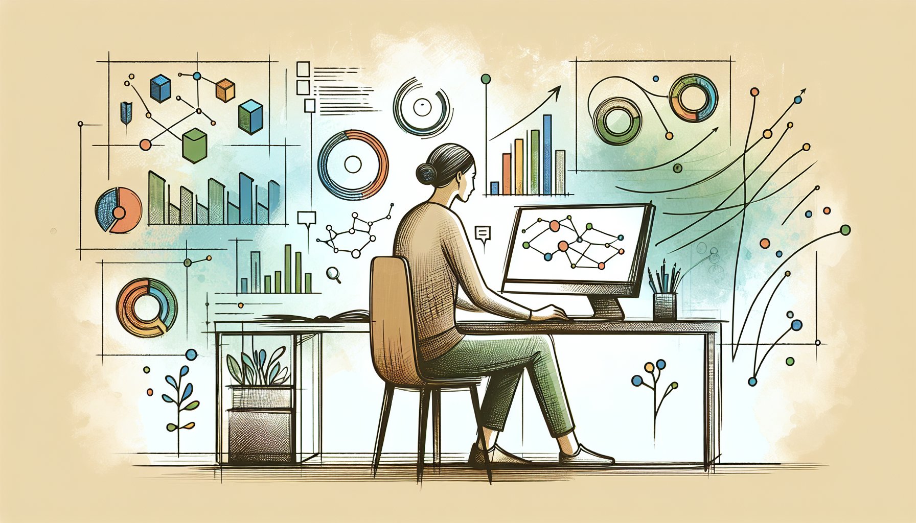 SEO指標を見つめる担当者とグラフ、AI 記事 リライト SEOの判断シーン