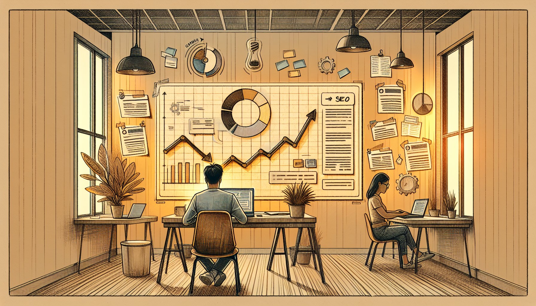 AI 記事 リライト SEOの長期効果を示す静かなデスクワークと成長グラフ