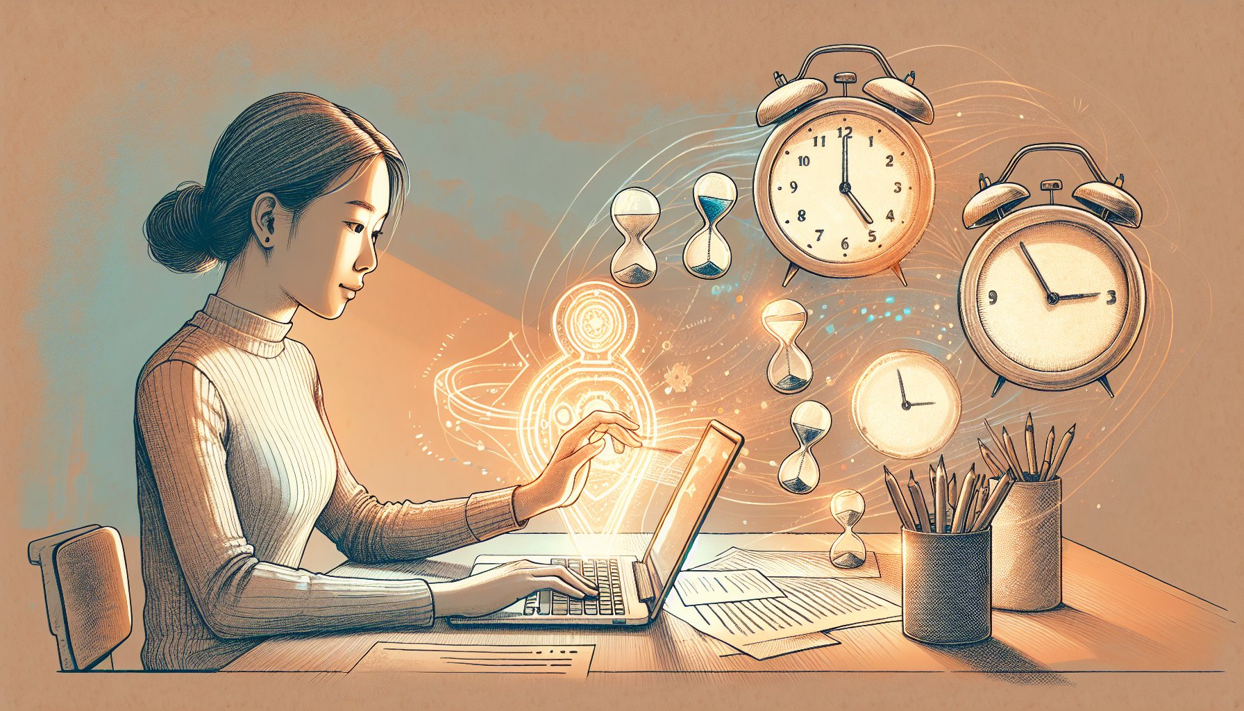 AI 文章 ツール 無料を選ぶ人と見えない時計で時間損失を象徴するイラスト