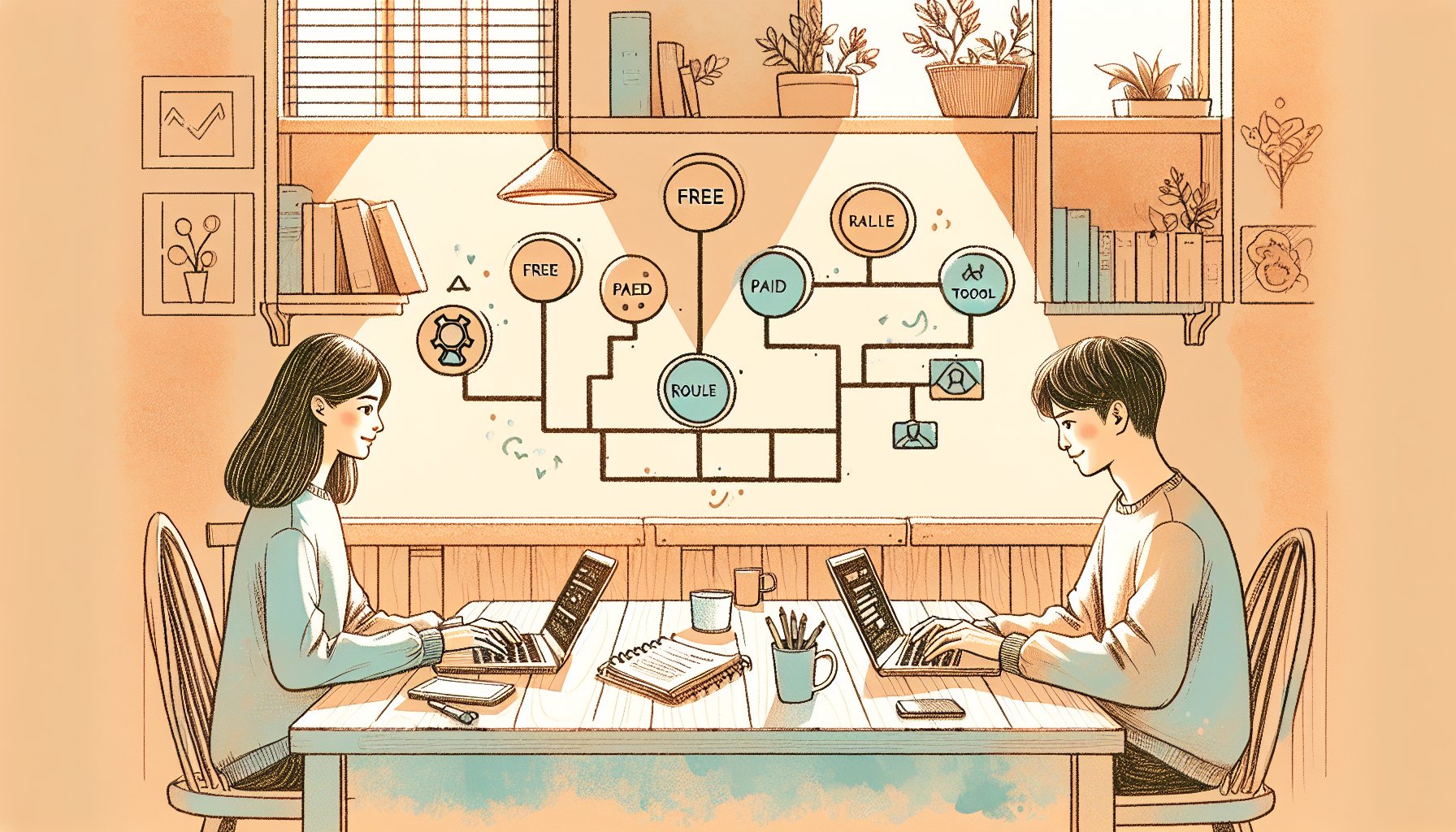 AI 文章 ツール 無料と有料の役割分担を示すデスクワークシーン