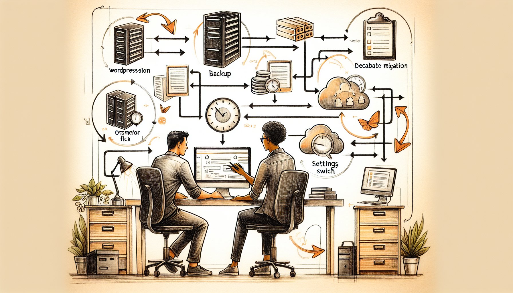 WP サーバー 移転 手順を示すフローチャートを大人が確認する様子、落ち着いた作業机と協働シーン