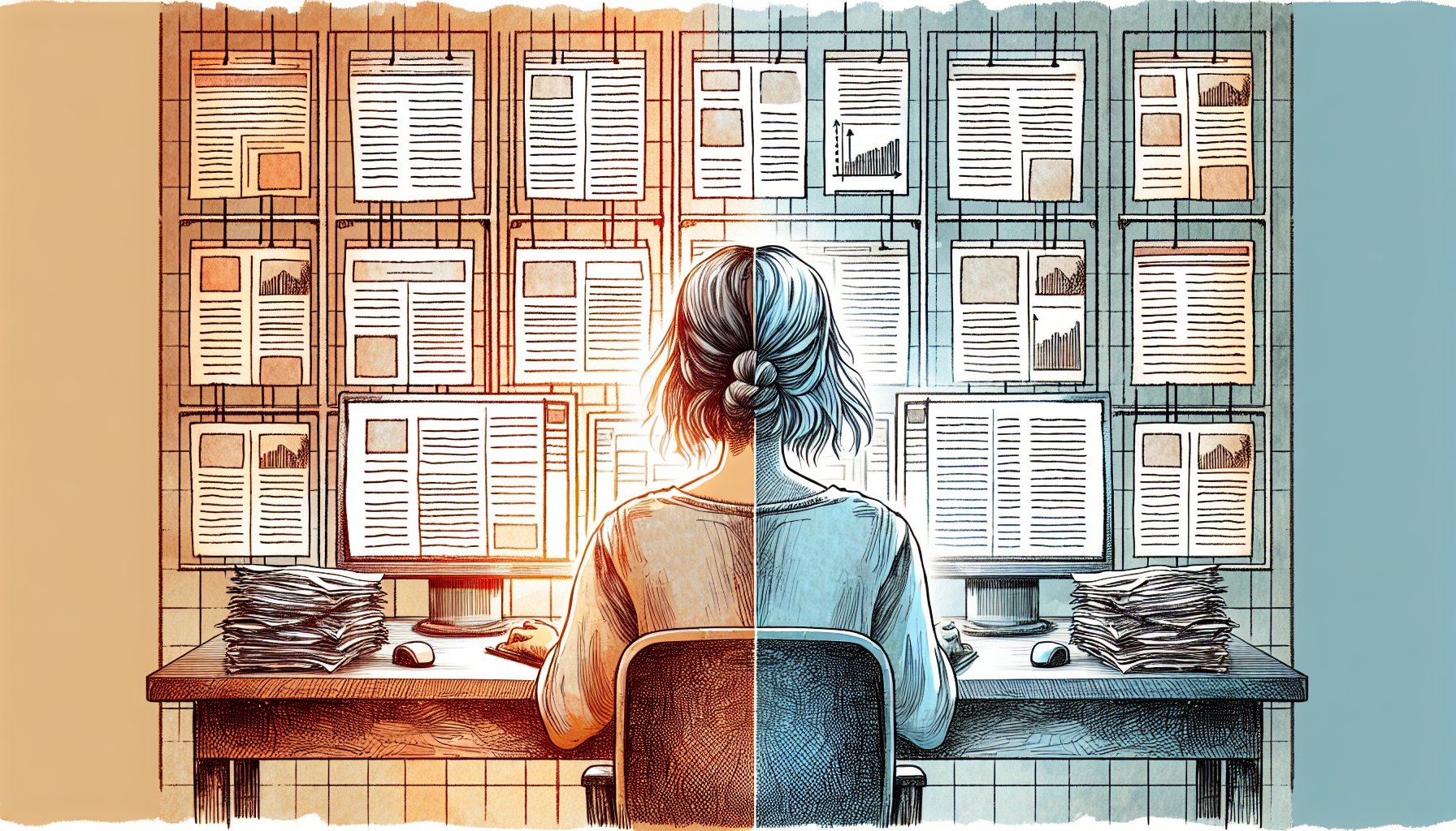 AI 記事 量産 リスクを象徴し、量産コンテンツと一人の執筆者を対比したイラスト