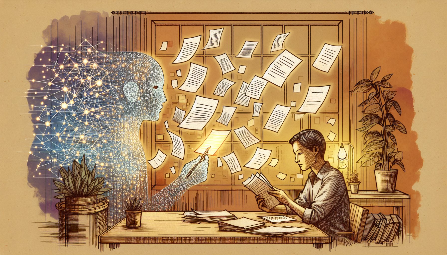 AI 記事 量産 リスクを象徴的に示す、AI生成文書と人の選別作業が対比された執筆環境