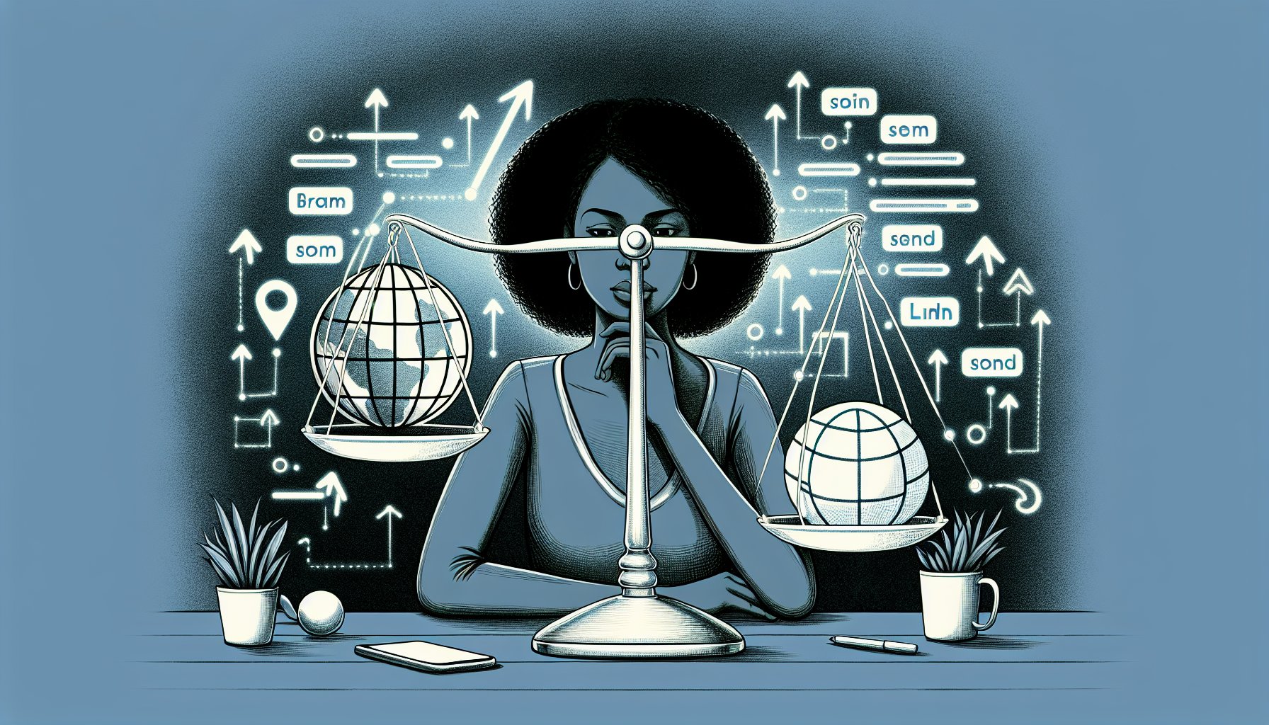 WordPress ドメイン 変更 SEO 影響を比較検討する人物とブランド軸か検索評価かを量る天秤のイラスト