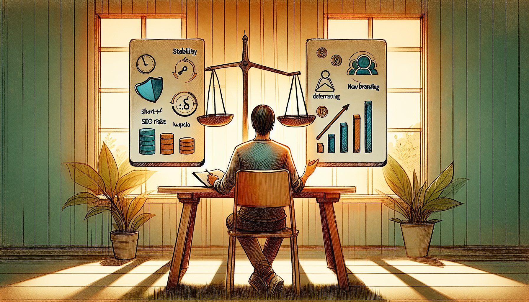 WordPress ドメイン 変更 SEO 影響を比較し判断する論理的フレームワークを示すイラスト