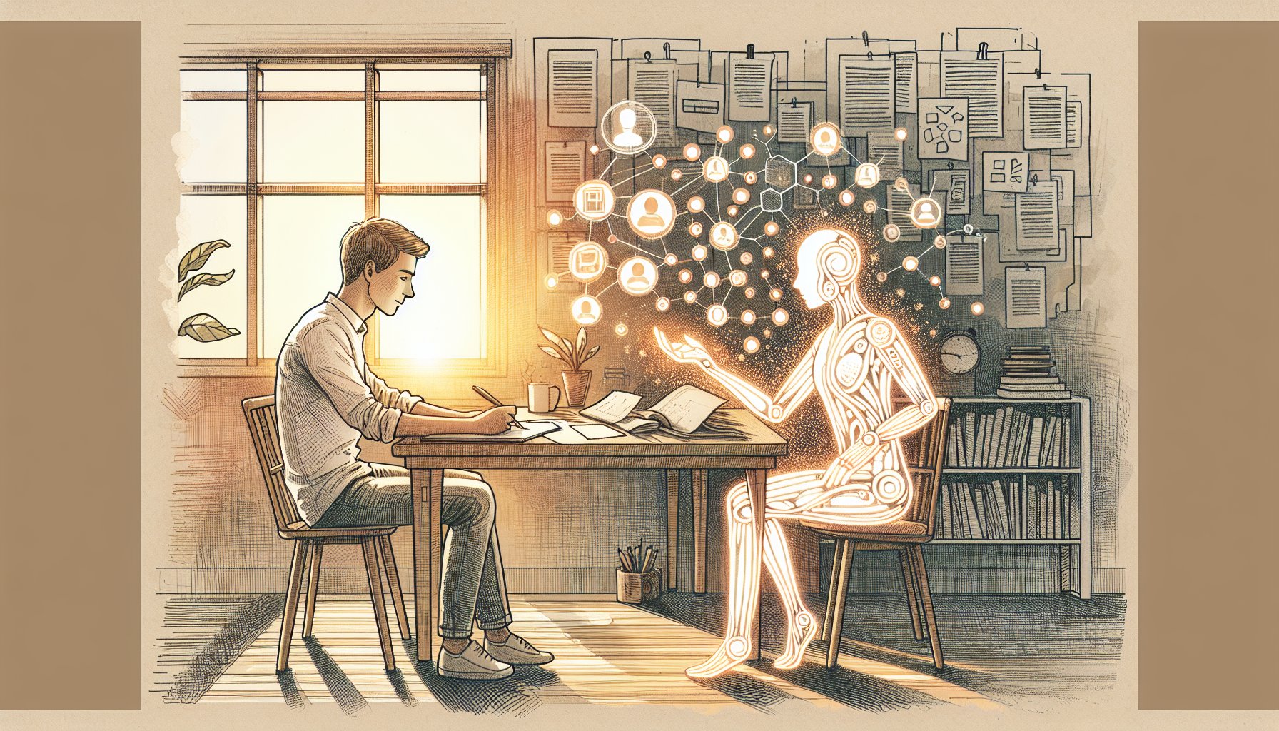 AI 記事 E-E-A-T 高める方法を象徴する、人とAIが役割分担し協働する執筆シーン