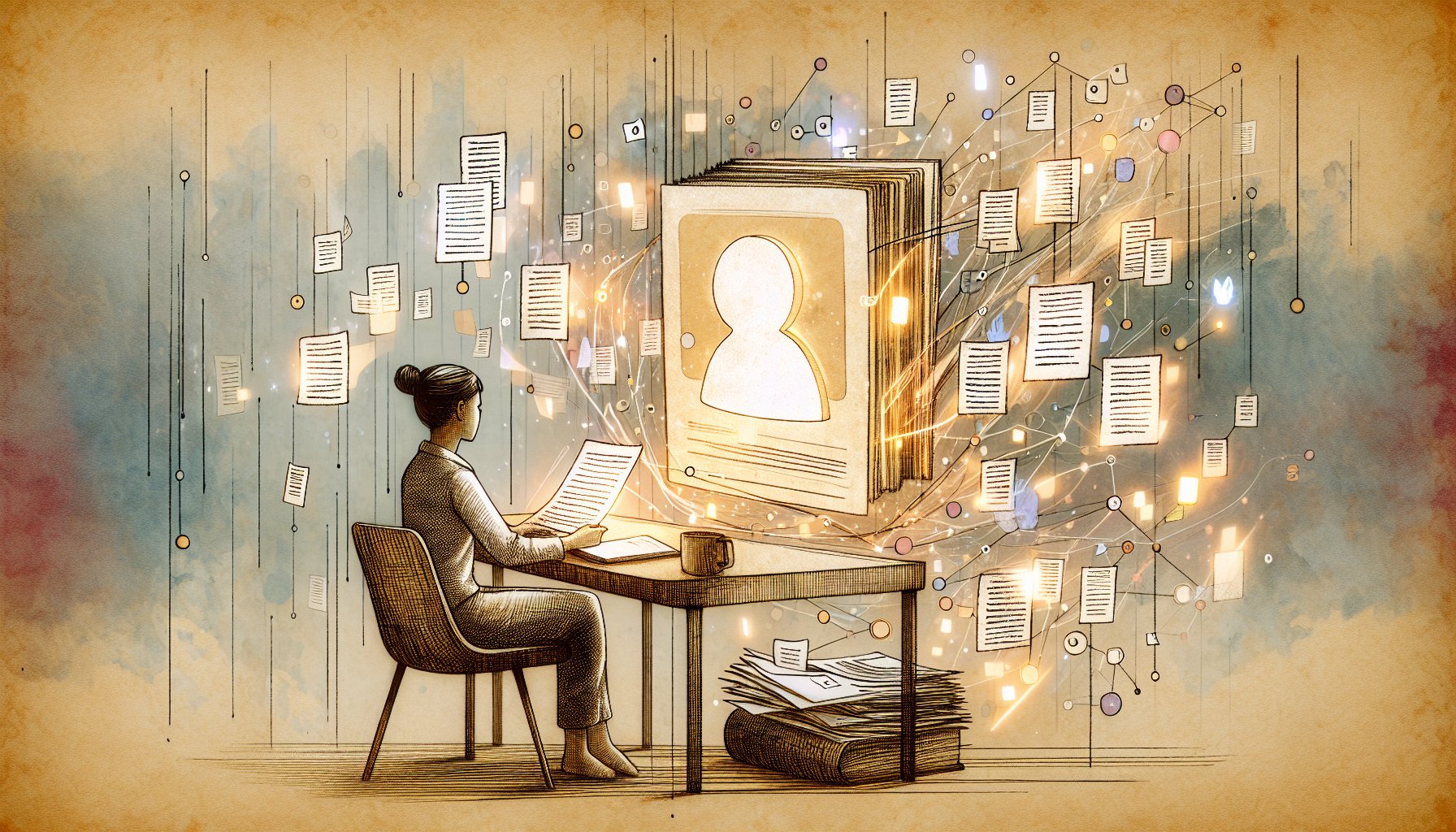 AI 要約 ツールと人が膨大な情報から要点を共に選び取る様子