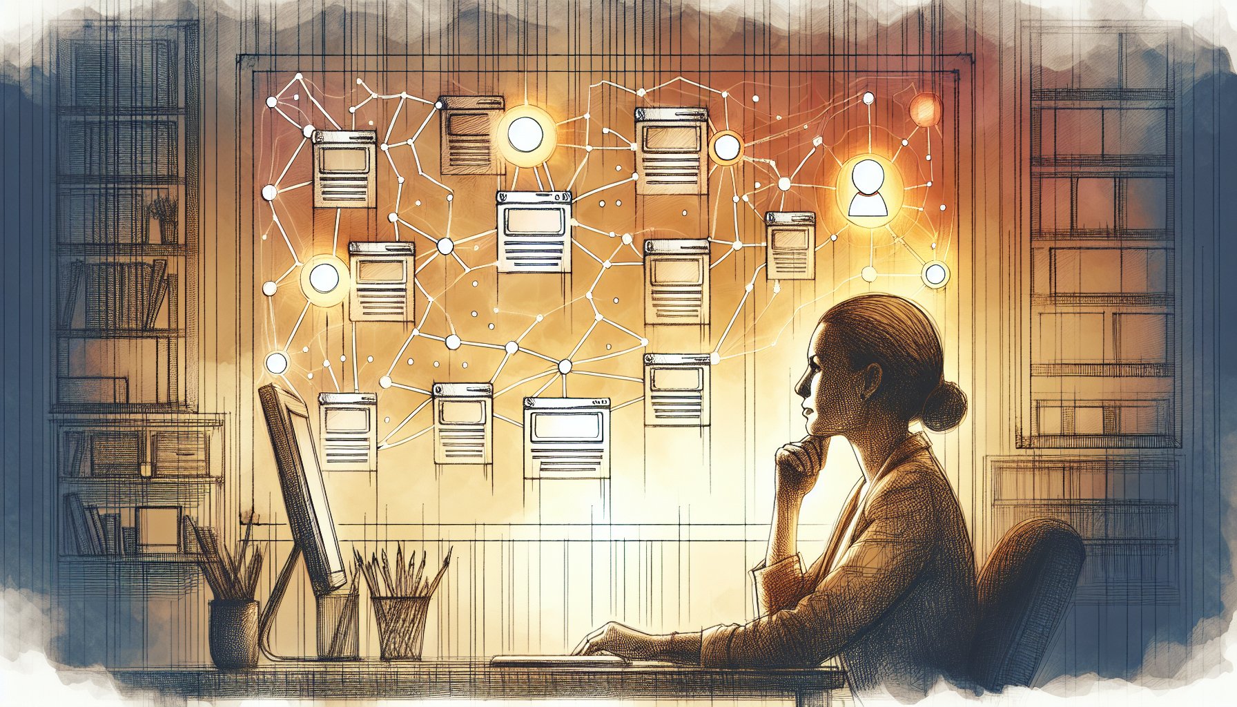 AI 内部リンク 自動提案でサイト構造とナレッジ整理を可視化するデスクワークシーン