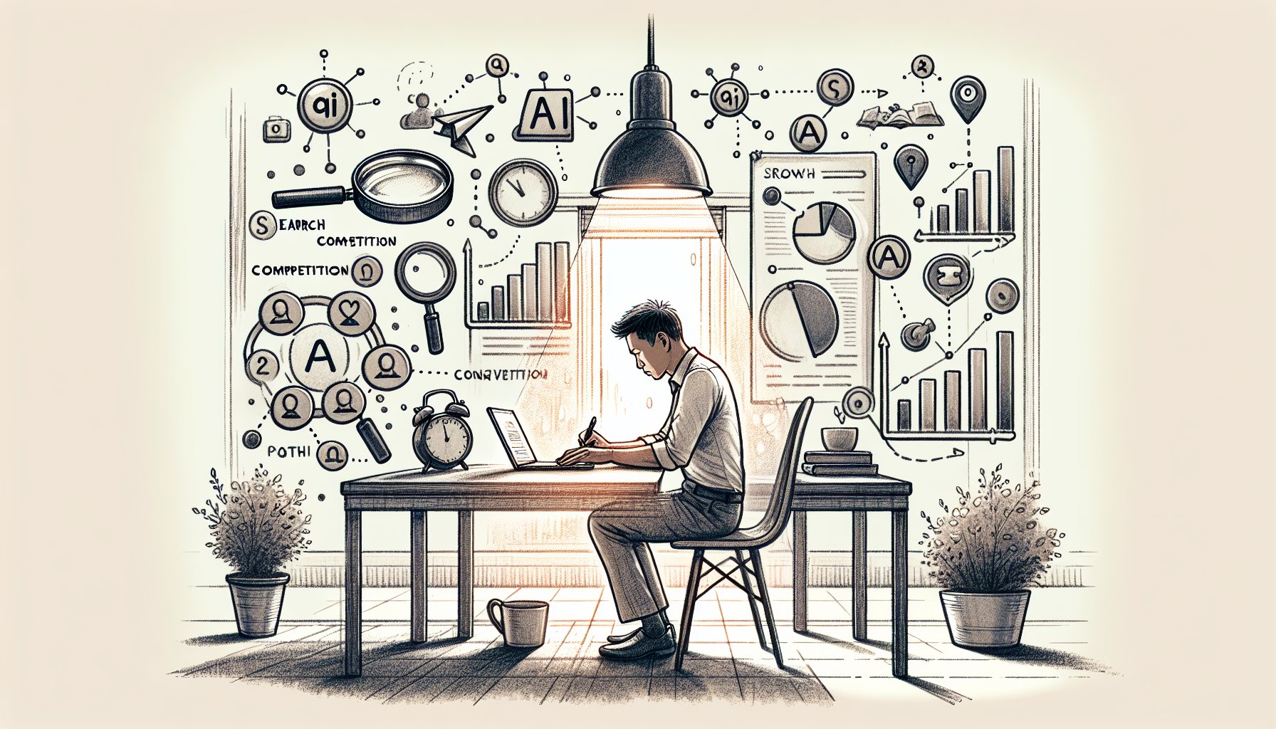 AI キーワード選定 自動化した案をノートパソコンで評価するビジネスワークスペース