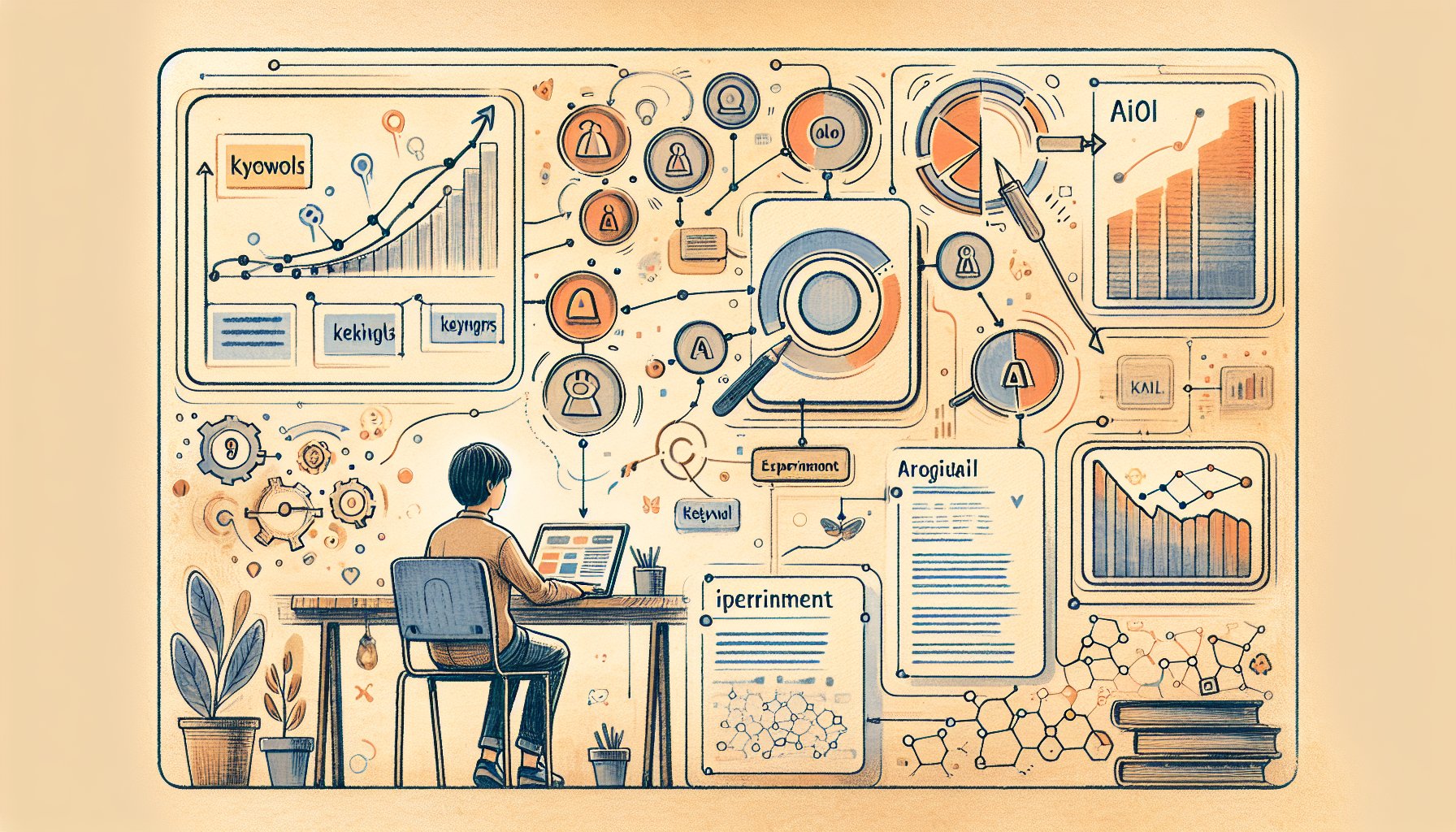 AI キーワード選定 自動化を小規模に検証する落ち着いたデスクとPC作業シーン