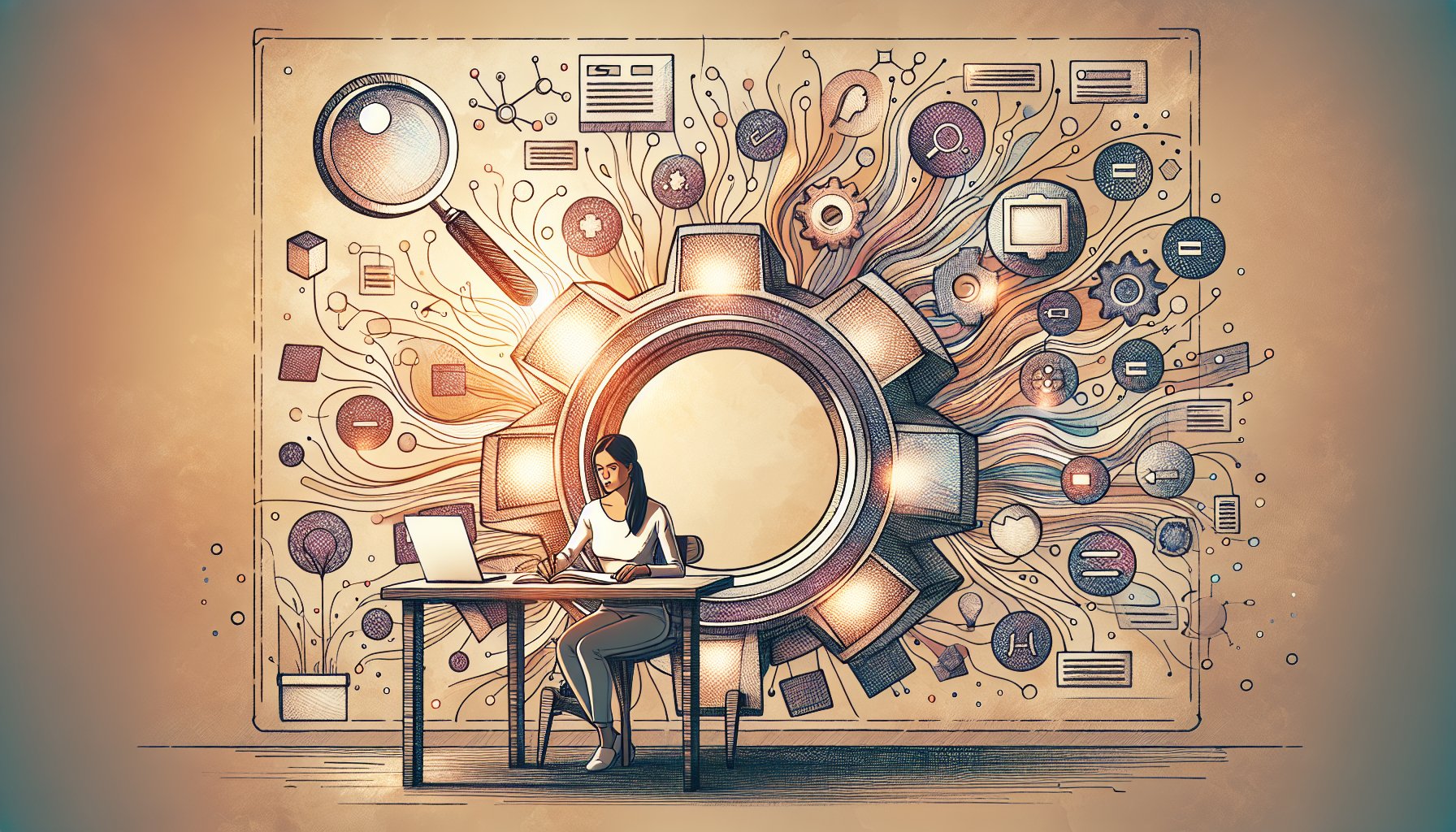 自然言語処理 SEOを象徴するデスク上のバランス構図、構造化データと文章表現の調和