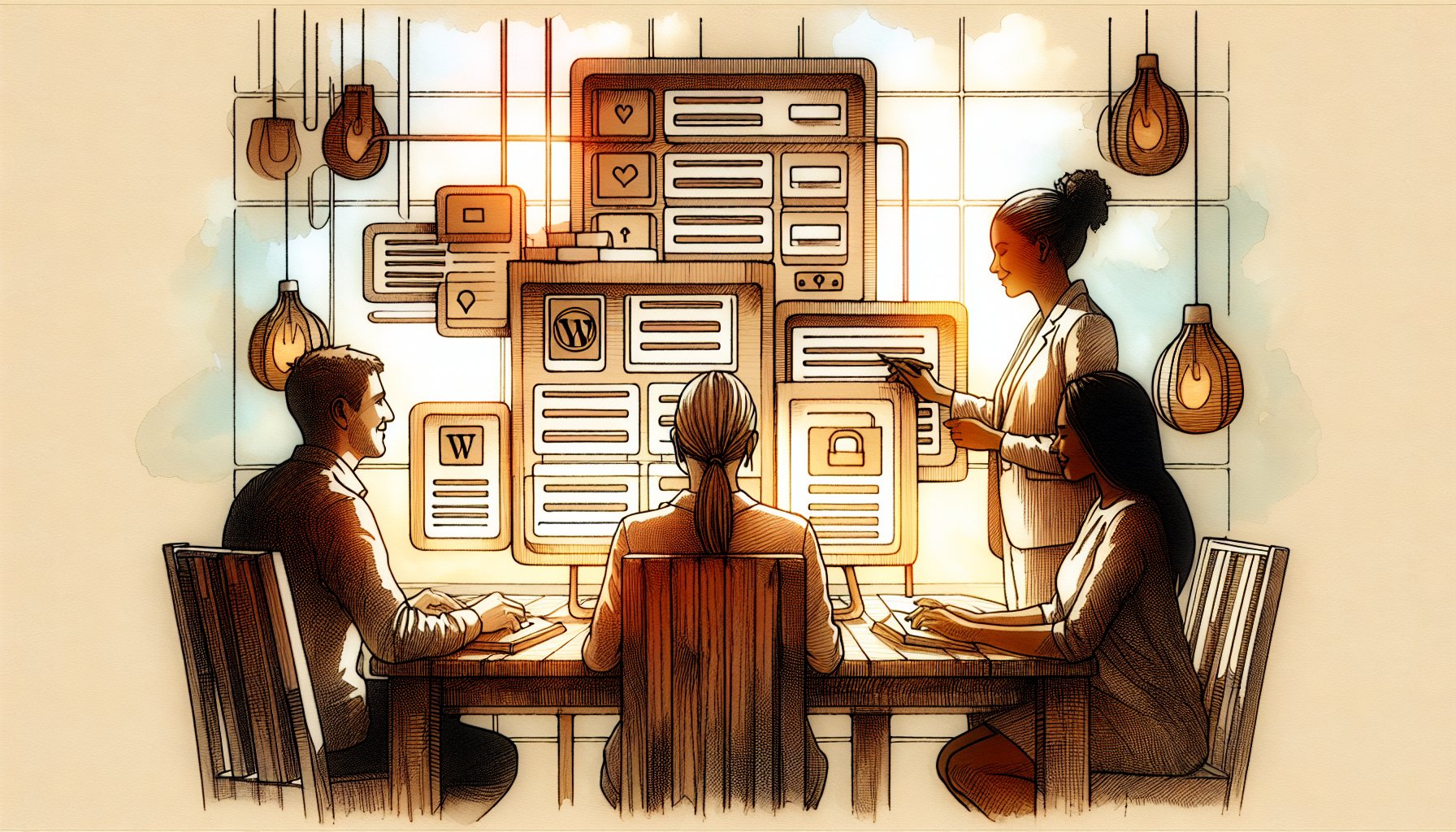 WP ユーザー権限 種類を整理するチームの作業風景イメージ、落ち着いたワークスペース