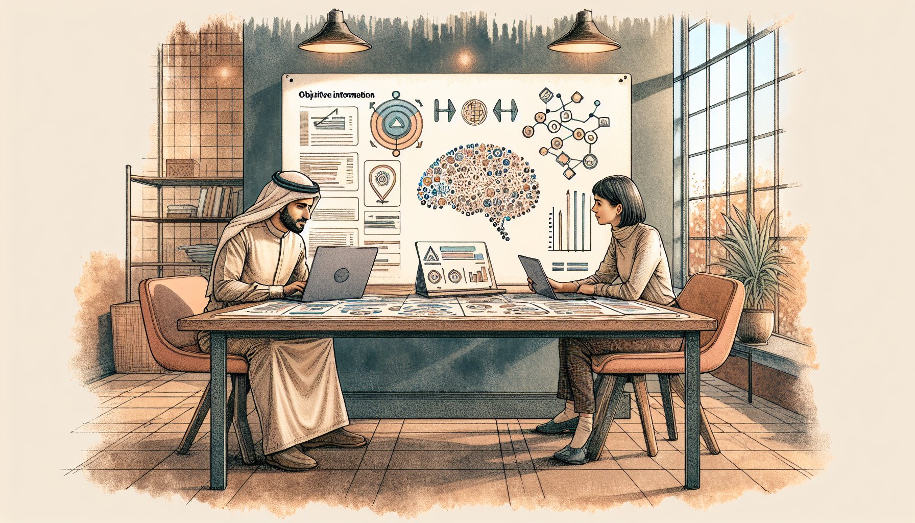 AI 競合分析 プロンプトを活用し、人とAIが市場機会を議論するワークスペースイラスト