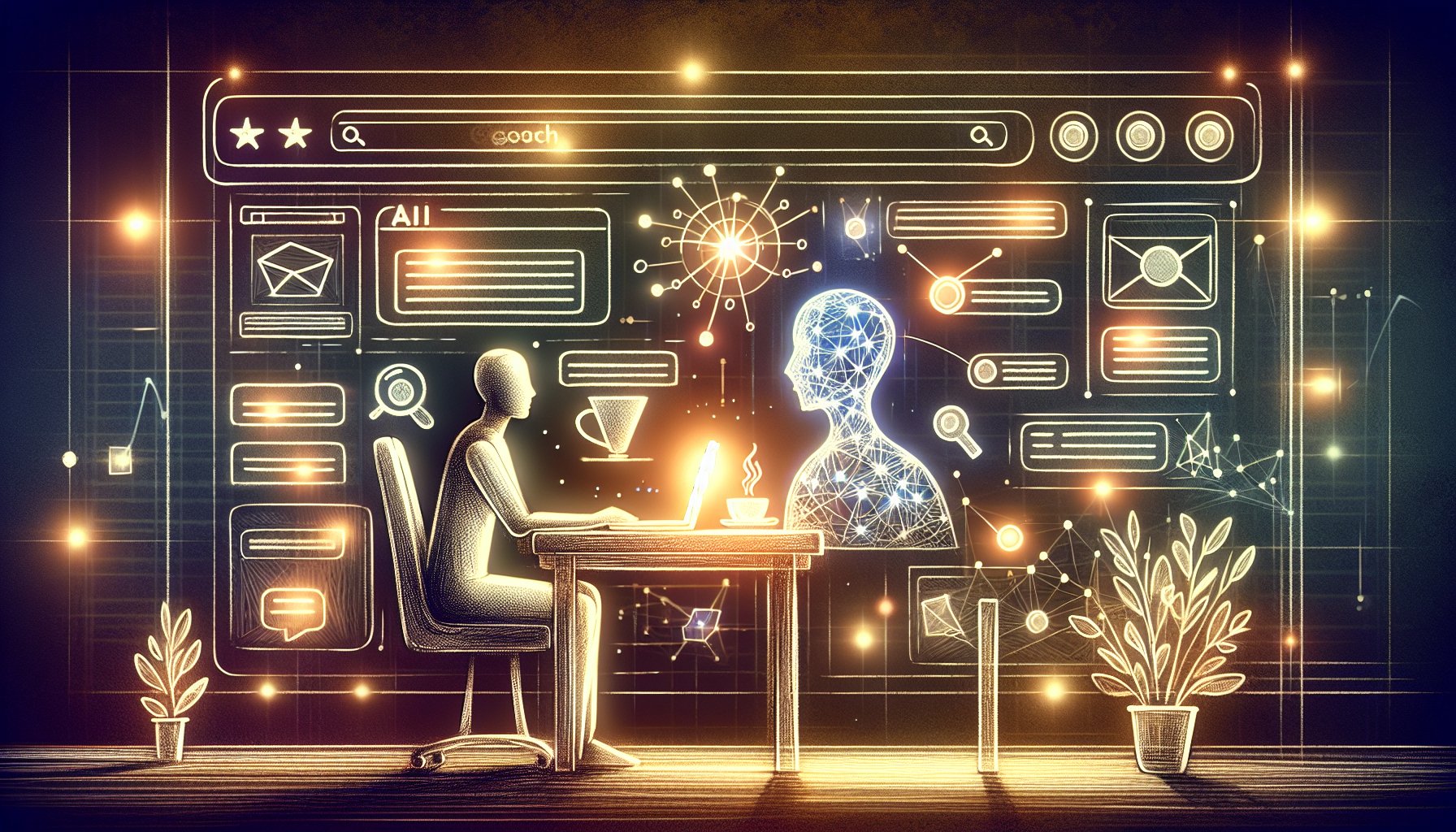 検索エンジンと協調しAI 構造化データ 生成に取り組む様子を示す抽象イラスト