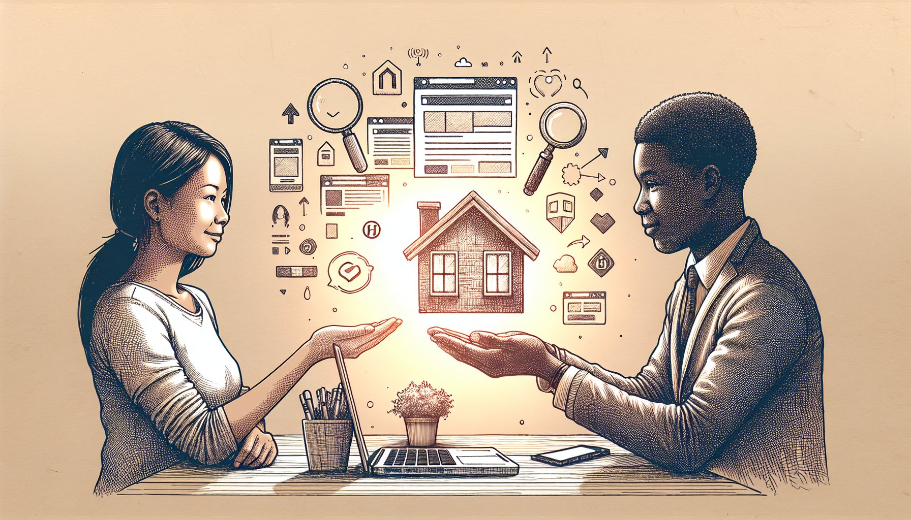 WP サイト 買収 売却 SEOを意識し、机でサイト売買を相談する大人二人のイラスト